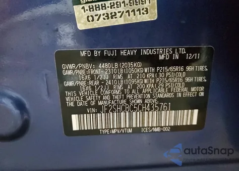 2012 Subaru Forester 2.5X z USA, uszkodzony, nr VIN JF2SHCBC5CH435761